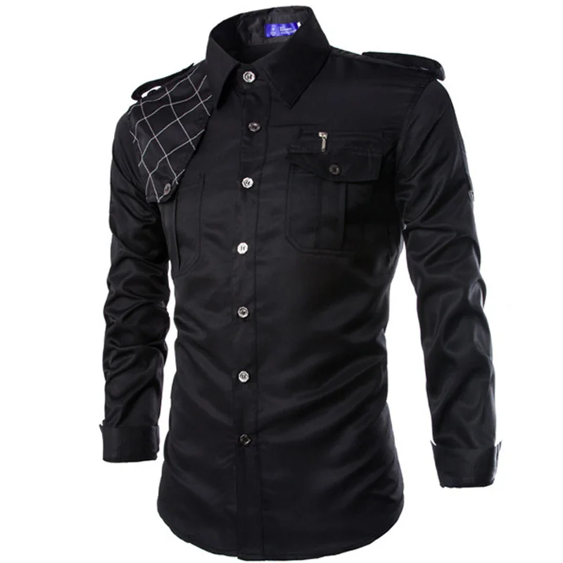 New Camisa Masculina 2016 Fashion Design Epaulet Mens Slim Fit Long ...