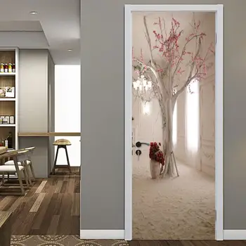 

Creative Chic Tree Flower Door Stickers Wallpapers 3d Self Adhesive Waterproof Sand Deursticker Home Decor Posters Murals QZ138