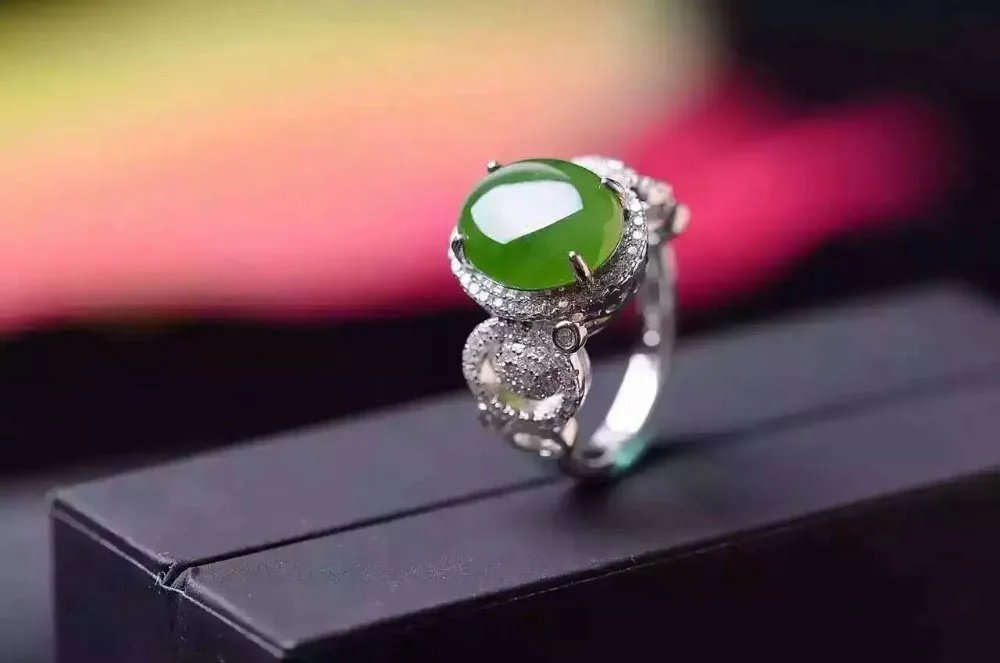 

Natural green jasper ring Natural gemstone ring S925 sterling silver ring trendy Elegant Surround big round women gift Jewelry