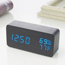Wooden LED Alarm Clock with Temperature Humidity Sounds Control Calendar LED Display Electronic Desktop Digital Table Clocks