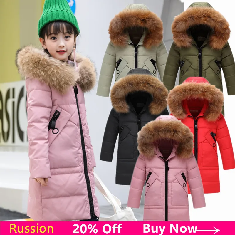 20 Degrees Children Cold Winter Warm Down Jackets Girls Long Section Big Fur Hooded Jacket Thickening Duck Down Outerwear Coats