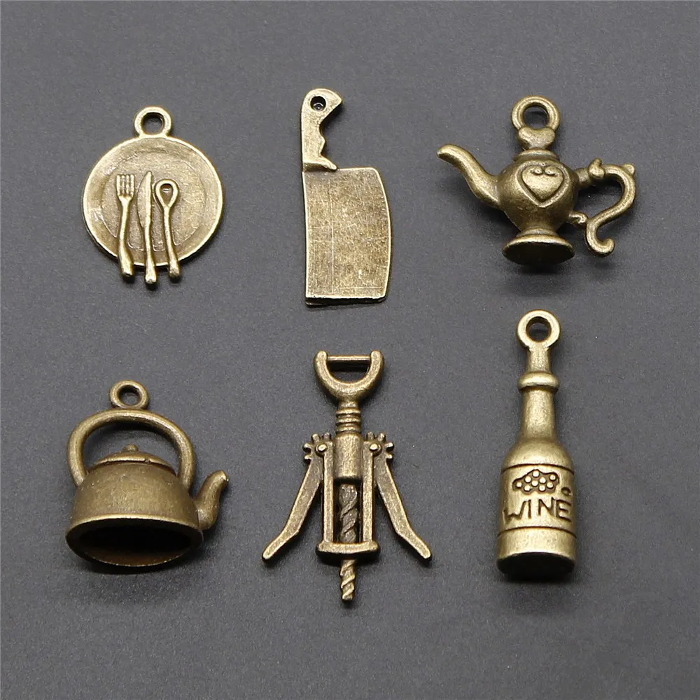 

10pcs Charms Kettle Teapot Wine Kitchen Knife Kitchenware Vintage Antique Bronze Color Charms Jewelry Accessories Charms