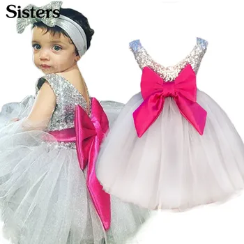 

SISRERS 2017 New Girls Baby Wedding Dress + Headband 2pcs Party Girl Fashion Sequins Poncho Dress Big Bow Children's Clothes