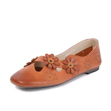Шоколадная туфелька в Корейском стиле с квадратным носком и мягкой подошвой; удобная весенне-осенняя женская обувь на плоской подошве с цветочным узором в стиле ретро