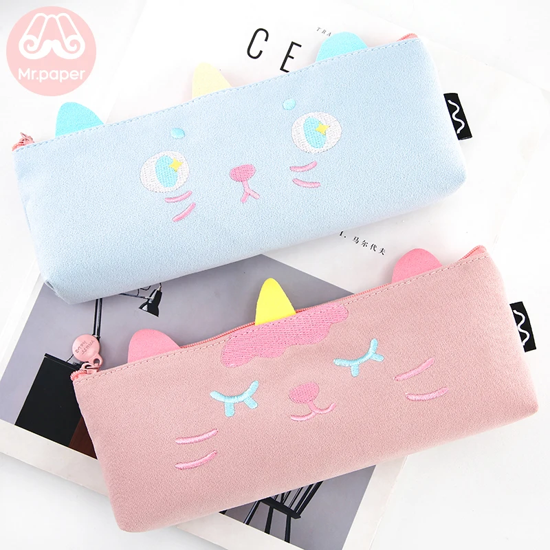 

Mr.Paper Kawaii Pink Blue Kitty Ear Brushed Fabric Pencil Bags School Case Creative Student Large Size Pencil Bags for Girls