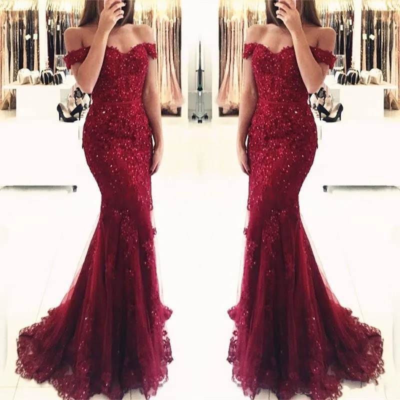 

Vestido de festa Off The Shoulder Mermaid Burgundy Lace Bridemaid Dresses 2019 Beaded Applique Formal Prom Party Gowns