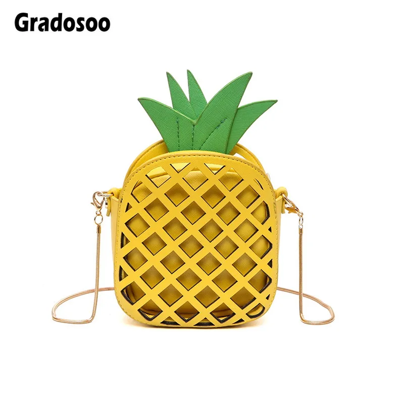 

Gradosoo 2019 New Cute Handbag For Women Pineapple Bag PU Leather Chain Hollow Out Small Bag Women Shoulder Mini Bag PhoneLBF502