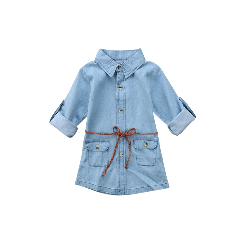 

2017 Fashion New Baby Girls Lovely Long Sleeve Turn-Down Collar Sashes Denim Knee-Length Princess Dress Outfit Autumn 2-7Y