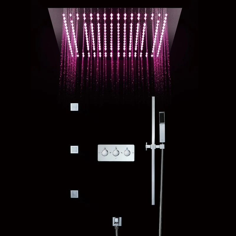 LED Ceiling Shower 16 Inch Thermostatic Shower Faucet Rainfall Bathroom Shower Head Spa Multiple Functions Shower Diverter Brass