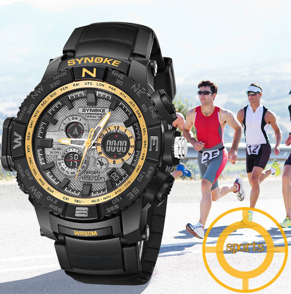 

SYNOKE Men Wrist Watches Multi-Function Waterproof Digital Double Action Sports Watches Man Watch 2019 Digital led watch