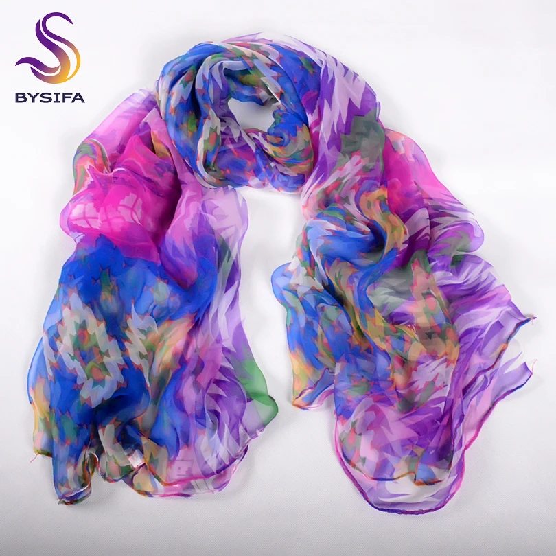 

[BYSIFA] Purple Blue Ladies Silk Scarf Shawl New Fashion Accessories Geometric Design Large Long Scarves Wraps For Spring Autumn