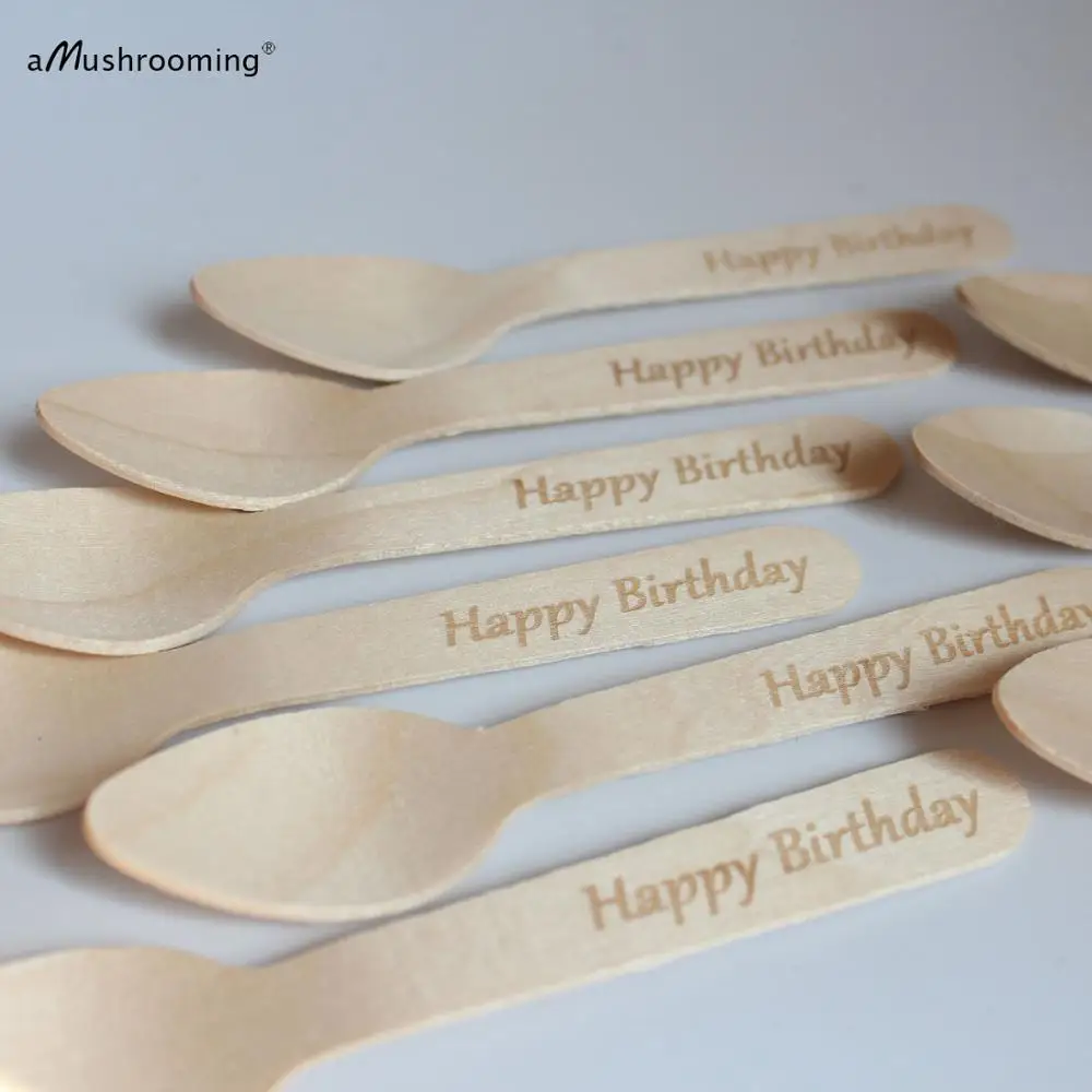 

x50 Happy Birthday Party Cake Dessert Spoons Personalized Wooden Disposable Spoons Biodegradable Cutlery Ice Cream Cake Spoons