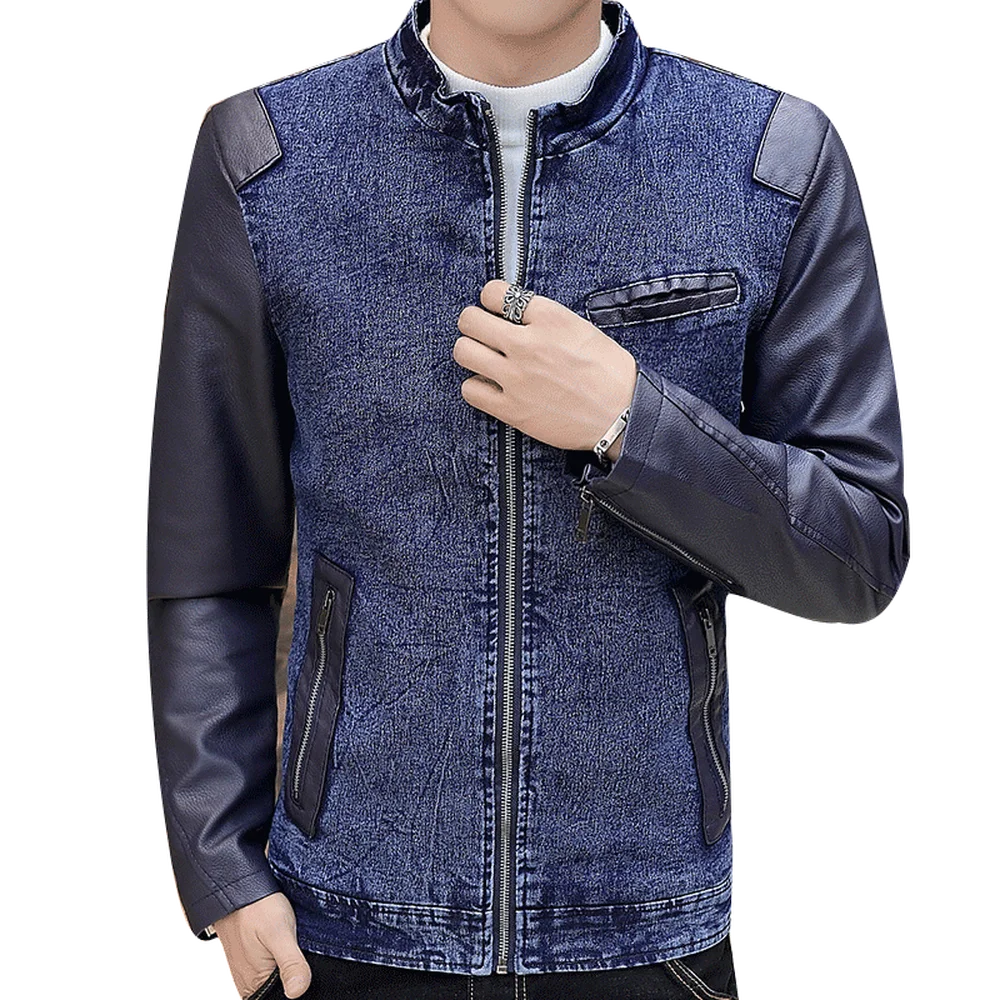 

2018 Top Quality Boutique Jeans PU Leather Patchwork Jacket Men Slim Fit Male Autumn Winter Leather Jacket Casual denim Coats