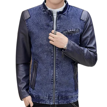 

2018 Top Quality Boutique Jeans PU Leather Patchwork Jacket Men Slim Fit Male Autumn Winter Leather Jacket Casual denim Coats