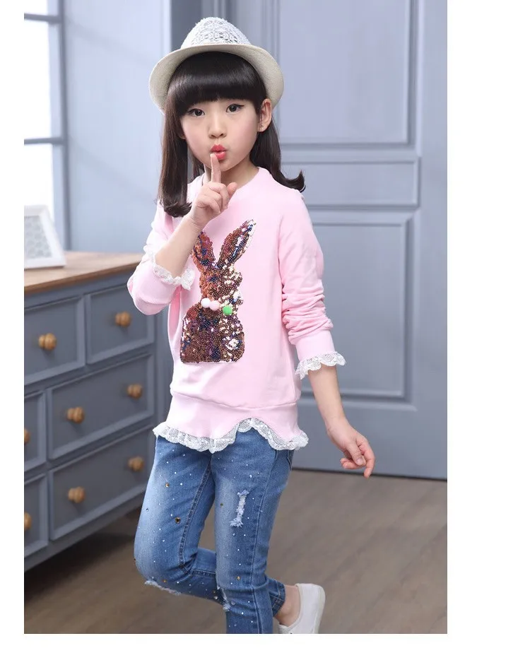 2016 new arrive sequined rebbit charatcer gray pink girls sweatshirt spring long sleeve kids clothes girls tops clothes 8 10 12 14 years girls clothing  6 7 8 9 10 11 12 13 14 15 16 children clothing (9)