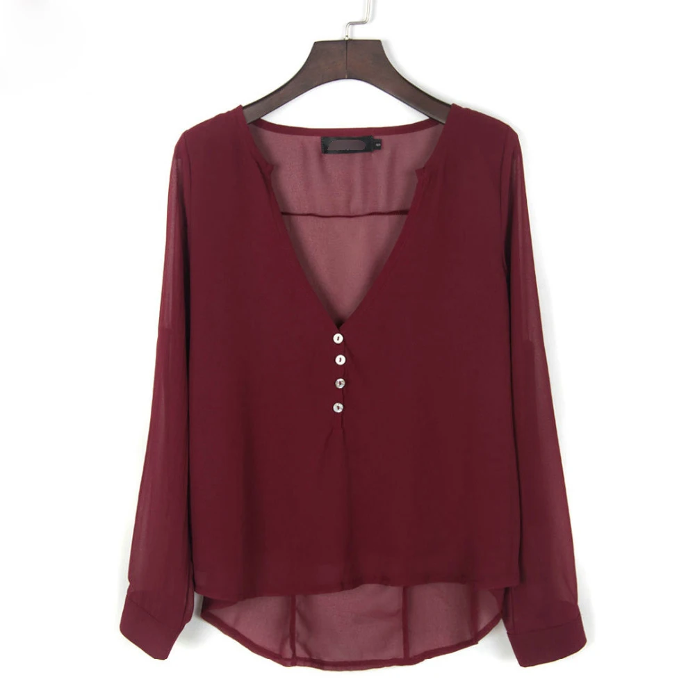 New Grey Long Sleeve Chiffon Blouse Shirt Fall Deep V Neck