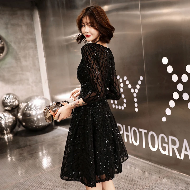 Черное вечернее платье Элегантное темпераментное банкетное французское платье Короткие Официальные платья вечернее платье платья для особых случаев ES2382