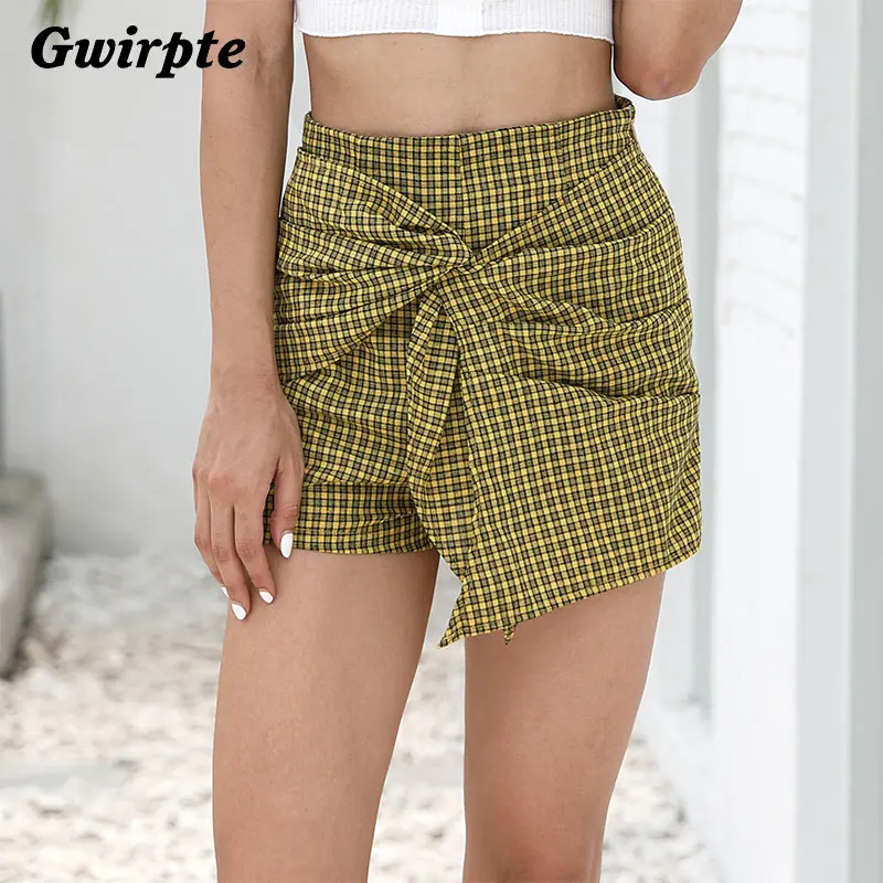 

Check Shorts Skirt Bow Sash Women Loose Wide Leg Hot High Rise Zipper Waist Front Tie Ethnic Casual Summer Style Boho Trousers