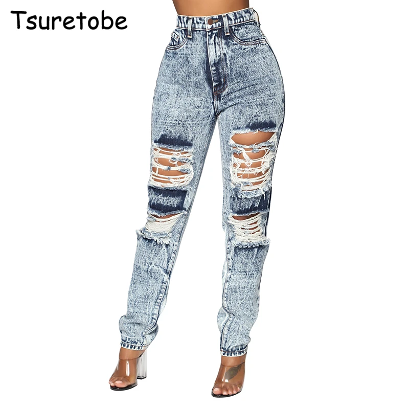 

Tsuretobe Fashion Ripped Hole Jeans Woman Casual High Waist Pants Lady High Quality Summer Long Denim trousers Female
