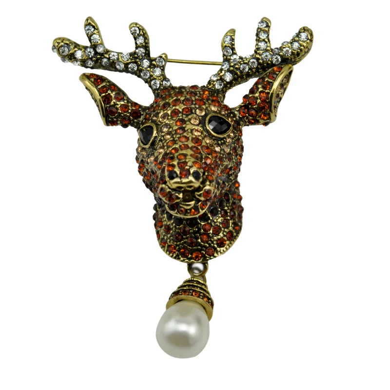 

3D Design Elk Head Crystal Rhinestone Brooch Pin With Dangle Teardrop Pearl Garment Fashion Jewelry Animal Accessory Gift