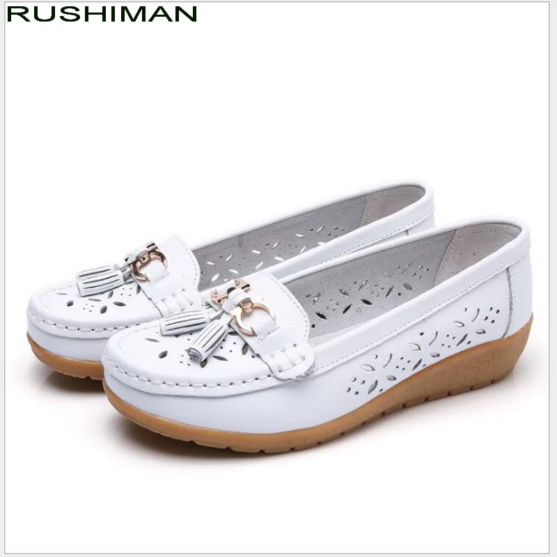 

2021 Summer Women Ballet Flats Hollow Out Nurse Shoes Genuine Leather Casual Shoes Slip On flats Female Loafers