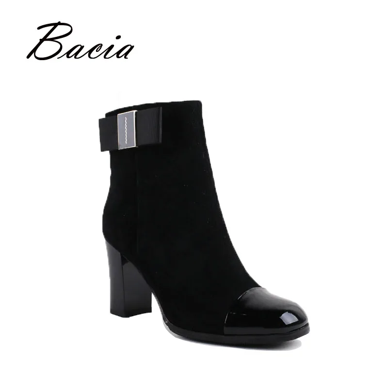 Kopen Bacia Schapen Su egrave;de Warm Korte Pluche Herfst Winter Echt Laarzen 8 cm Hoge Hakken Zwarte Klassieke Schoenen Russische Size 34 40 VC015