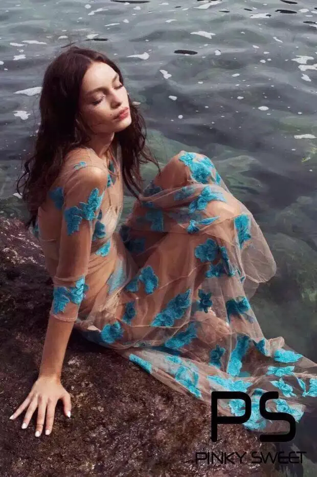 SP Simplee For Love цветочное вышитое бежевое Сетчатое платье с круглым вырезом 3/4 рукав макси пляжное женское платье сексуальные платья Синий/Красный XS~ L