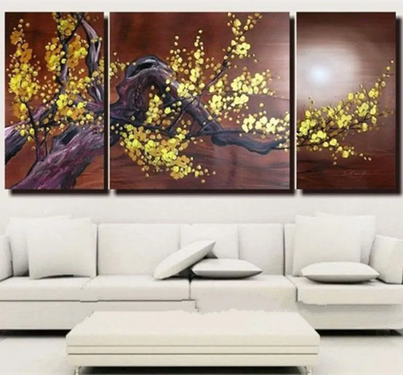 

Hand Painted Abstract Plum Flower Oil Paintings on Canvas Home Decor Yellow Floral Art 2 Panel Wall Painting Brown Oils Pictures