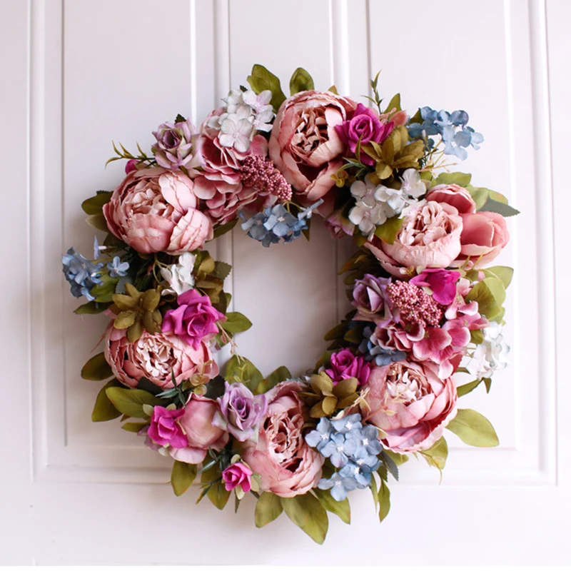 Christmas Silk Peony Rose Artificial Flowers Wreath Door High Quality Artificial Garland For Wedding decoration Home Party Decor - Цвет: A light brown 40cm