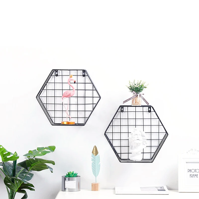 

Iron Hexagonal Mesh Wall Storage Rack Metal Hanging Wall Display Shelf Holder Home Bedroom Decoration