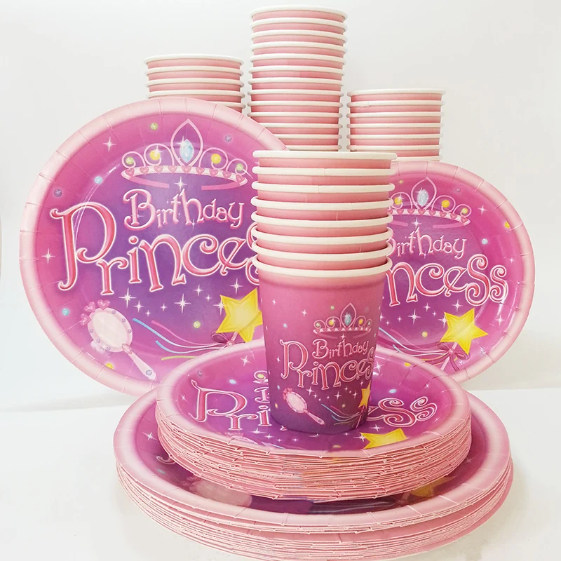 24/40pcs Birthday Party Supplies Disposable Paper Pink Set festival Lovely Decorative Princess Plates Dinnerware Cups Tableware