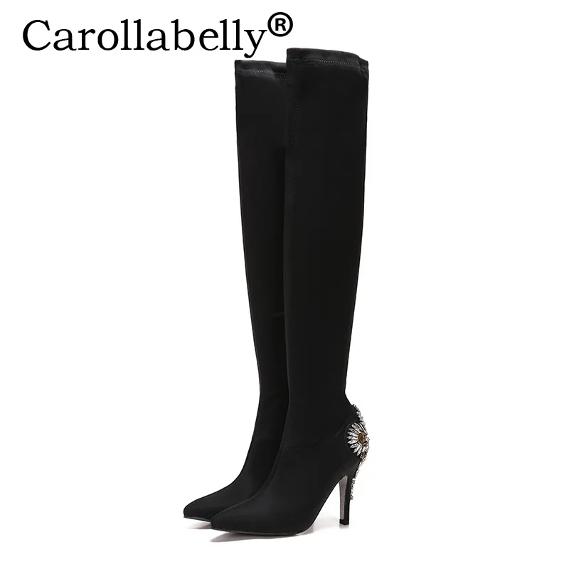 Carollabelly High Heel Women Rhinestone Heel Boots Autumn Winter Over the Knee Black Boots For Women Flock Party shoes
