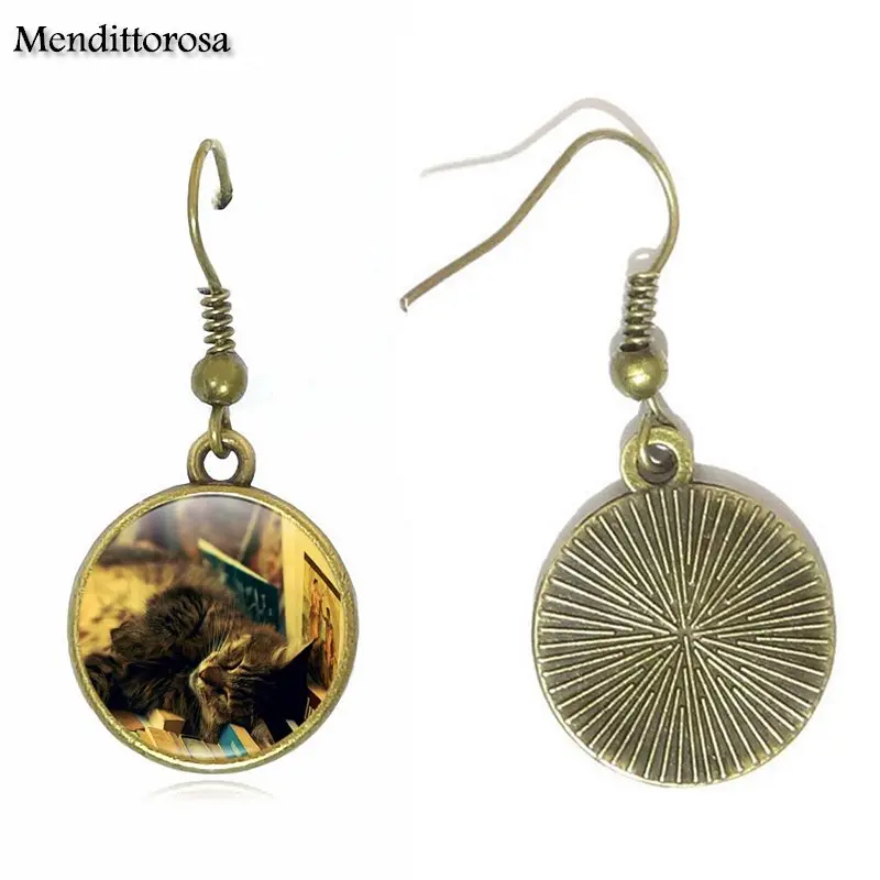 Винтажные модные стеклянные серьги Крючки Mendittorosa в виде книги и кота
