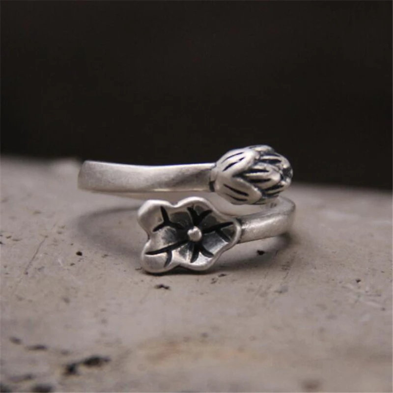 

100% 925 Sterling Silver Ring For Women Joint Ring Simple Vintage Lotus Leaf & Bud Open Ring Female Engagement Fine Jewelry