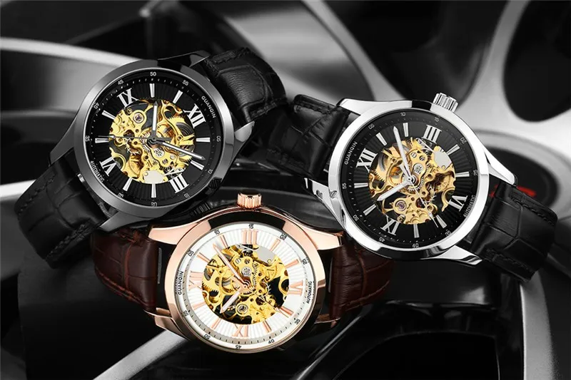 GUANQIN Automatic Mechanical Watches, Luminous Leather Waterproof Men Watch, Skeleton Gold Watch Men High Quality Wristwatches (11)
