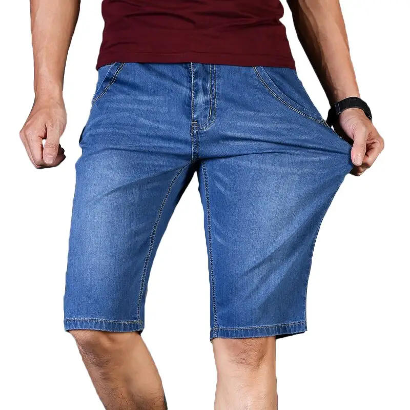 Большие размеры 40, 42, 44, 46, летние новые мужские деловые джинсовые шорты, модные повседневные Стрейчевые тонкие синие мужские шорты
