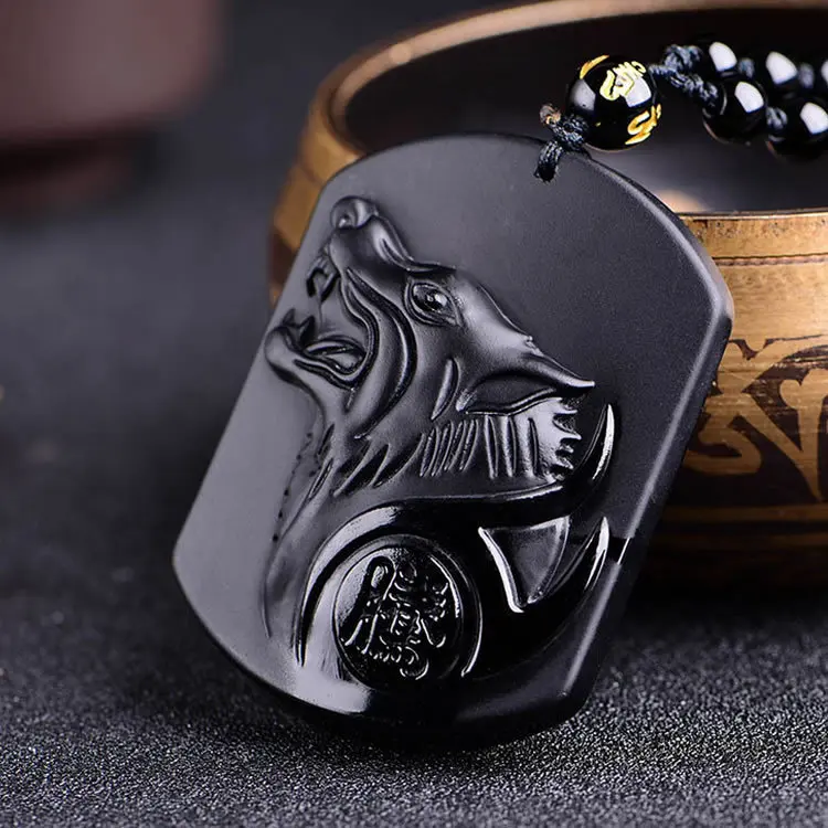 Черный обсидиан резьба Волчья Голова обдидиан амулет кулон ожерелье обсидиан благословение счастливый кулон мужские ювелирные изделия - Окраска металла: Wolf