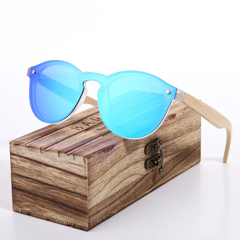 BARCUR солнцезащитные очки кошачий глаз деревянные бамбуковые солнцезащитные очки женские модные зеркальные солнцезащитные очки мужские брендовые дизайнерские очки - Цвет линз: Blue WoodBox