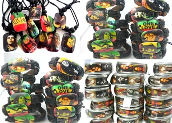 

MIXMAX New 30pcs Bob Marley RASTA Jamaica Reggae mixed jewelry stainless steel rings Resin necklaces and cuff bracelets 30 IN 1