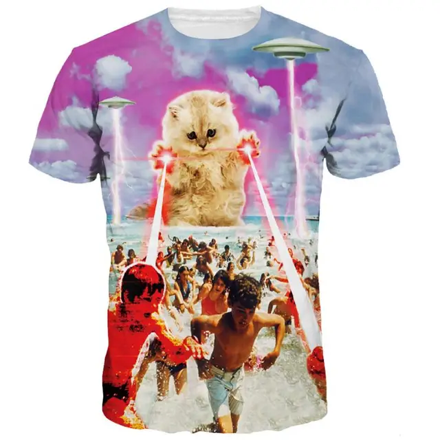 Cloudstyle 3D T-shirt Men Clothes 2020 3D Terror Laser Cat UFO 3D Print Funny Tees Shirts Short Sleeve Streetwear Summer Tops