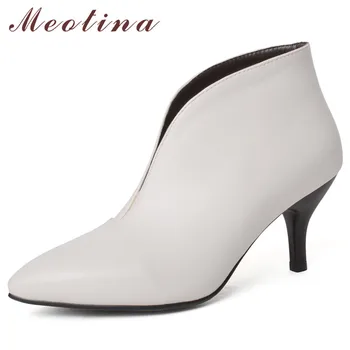 

Meotina Women Ankle Boots Autumn Shoes Fashion Stiletto High Heel Short Boots Slip on Pointed Toe Shoes Lady Winter Big Size 43