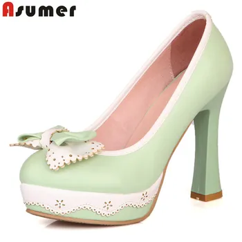 

summer big size 34-43 women pumps bowknot high heels shoes black pink green round toe shoes platform soft leather