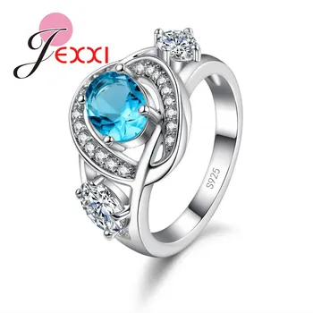 

Elegant Jewelry Stainless S925 Stamp Silver Rings Fashion Finger Decoration Women Wedding Rings White Blue Crystal Stone