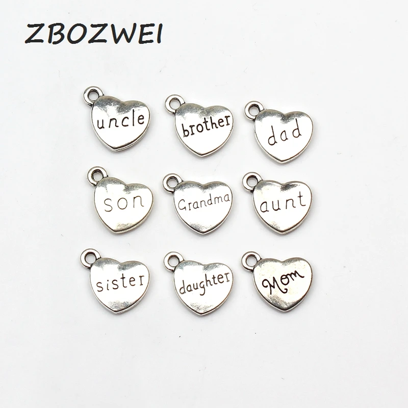 

10pcs Family member heart shape Charms 17x15mm Antique Tibetan Silver Pendant Accessories DIY Vintage bracelet Necklace Handmade