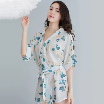 

Japanese Style Floral Yukata Underwear Sexy Set Piece Cardigan+Belt+Thong 3 Women Transprent Pantie Perspective