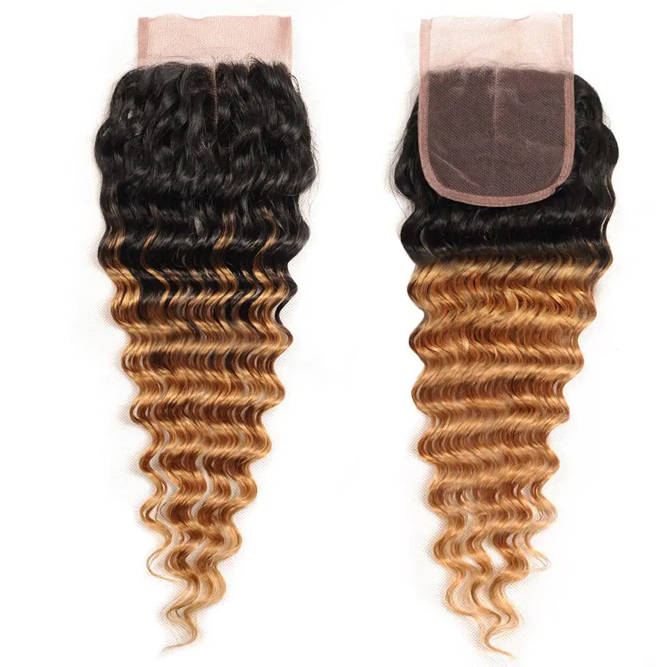 Pinshair Per-Colored Ombre T1B27 Malaysian Deep Wave 3 Bundle With Closure Blonde Human Hair Extension 4Pcs Weave Non Remy Hair (20)