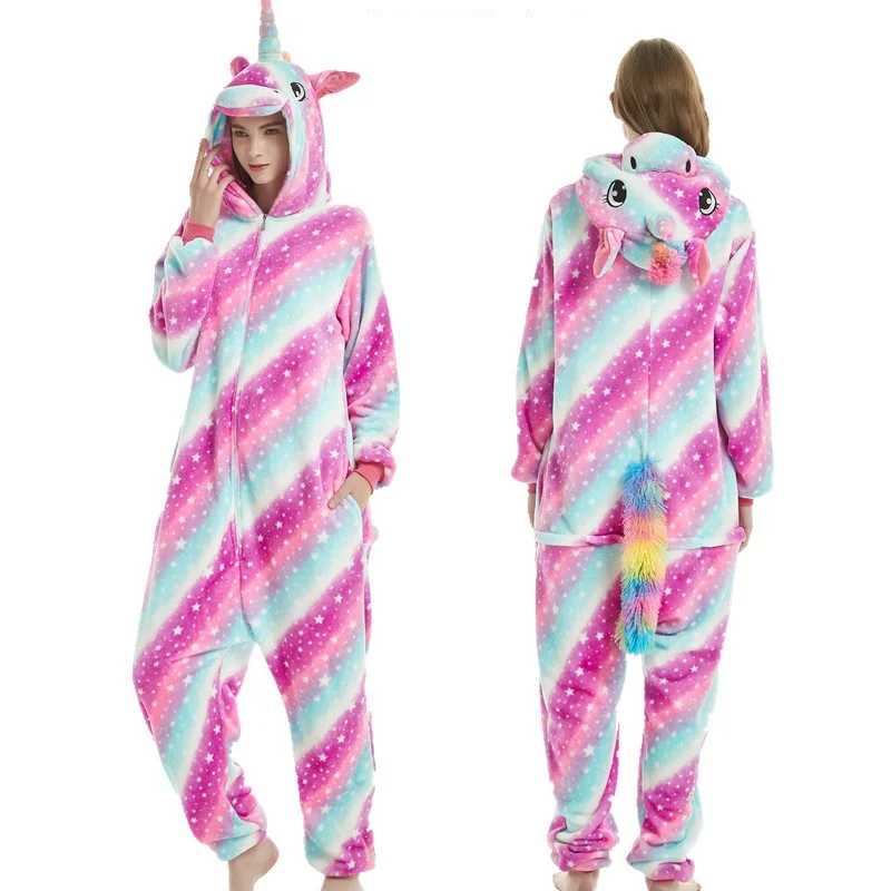 Зимние пижамы с животными для взрослых комплекты пижамы с рисунком единорог пижамы стежка Unicornio для женщин теплые фланелевые с капюшоном высокого качества