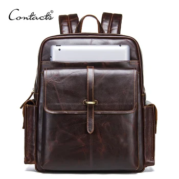 CONTACT'S 100% cowhide leather men's backpack for 13 inch laptop genuine leather bagpack casual male daypacks large travel bags brand padieoe genuine leather school bags for teenagers backpack new men travel casual cowhide laptop backpack free shipping