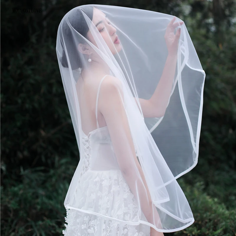

150CM Single Layer Tulle Bridal Veils With Ribbon Edge White Ivory Soft Mesh Short Wedding Veils China On Sale Direct Sluier