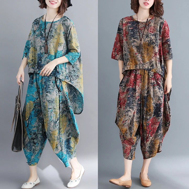 

#0898 Tie Dye Printed Long Top And Harem Pants Women Loose Vintage Two Piece Sets Top And Pants Outfits Woman Sets Clothes Tide